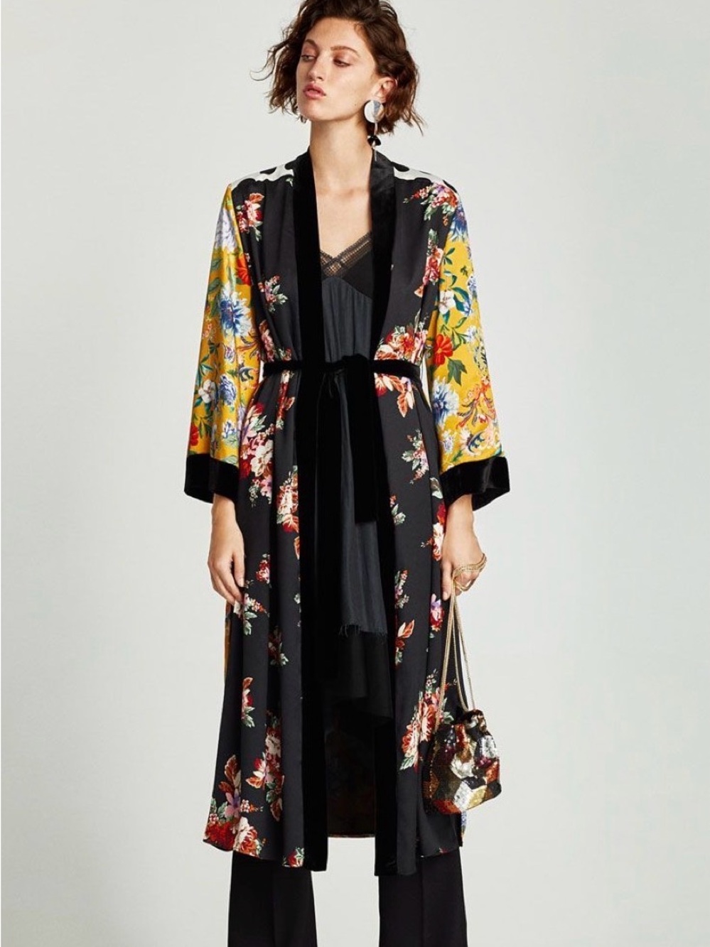 Zara Contrasting Patchwork Kimono Robe in Black and Yellow Sz XS - Picture 1 of 7